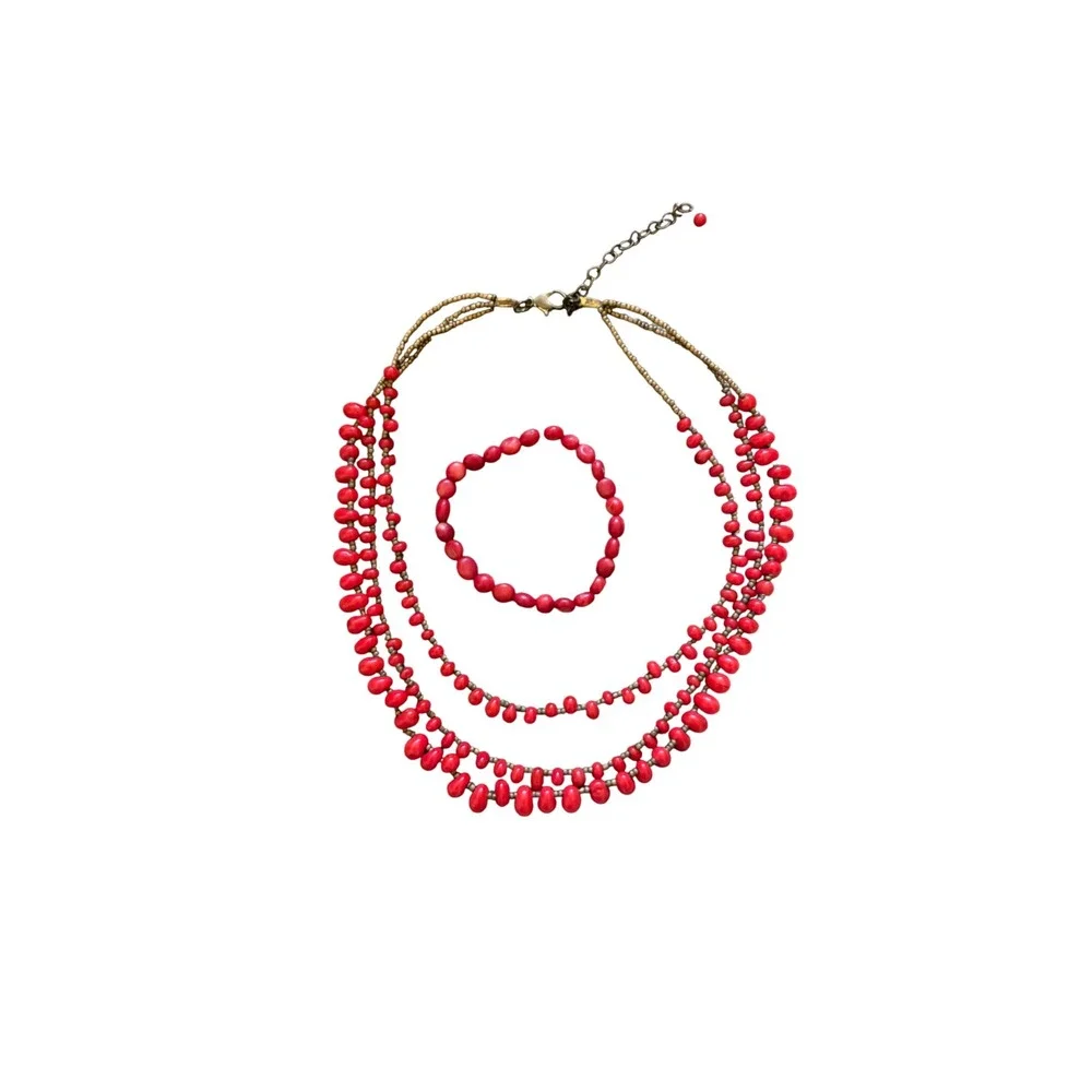 Red Beaded Multi Strand Tiered Necklace and Stretch Bracelet Jewelry Set Boho